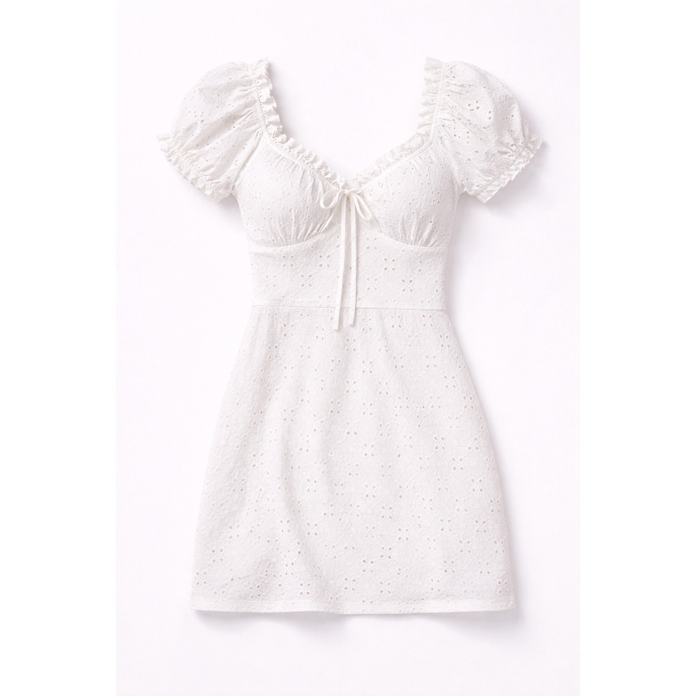 Love Squared White Eyelet Lace Mini Dress Sz M Ruffle Puff Sleeve Milkmaid Boho - Picture 2 of 16